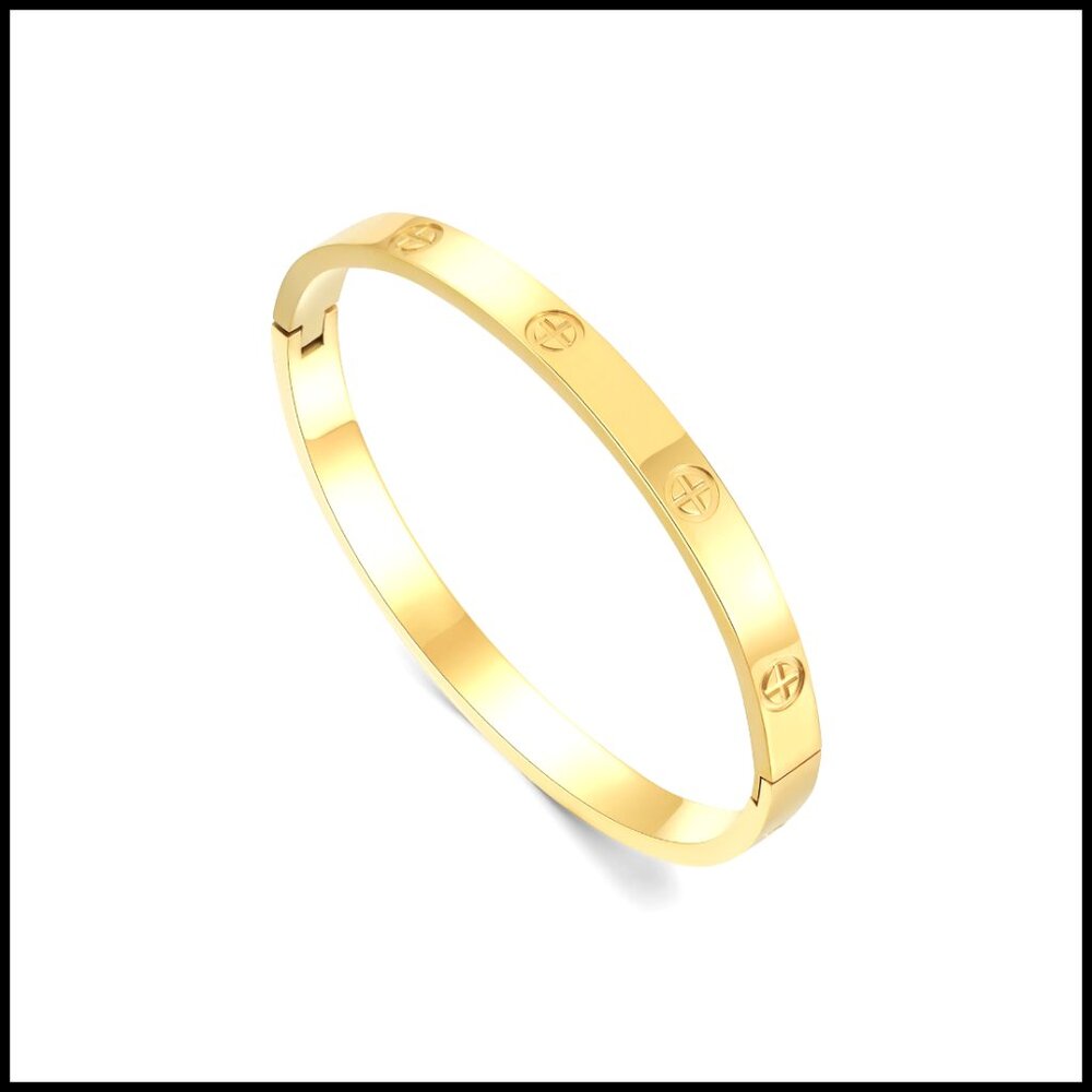 Gold Plated Titanium Steel Cuff Bangle Bracelet Cubic Zirconia Minimal Chic